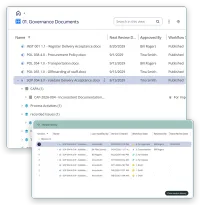 A list of published procedures in M-Files above the version history of one of them, with who changed each version and when