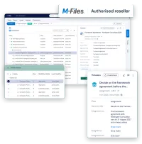 The M-Files web client with a customer opened to its documents and emails beside an agreement's metadata card, a drawing's version history with its revisions, the task to decide on the agreement before its notice date, and the M-Files logo with the words Authorised reseller